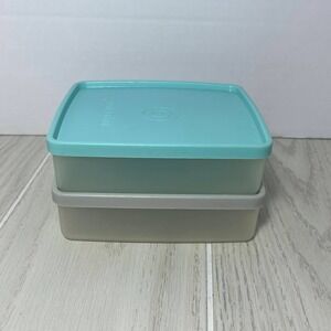 Tupperware Vintage 2 Square A Way Containers Set Clear Teal Gray Lids 670 671